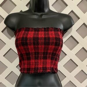 Hollister Red and Black Sleeveless Smocked Crop Top